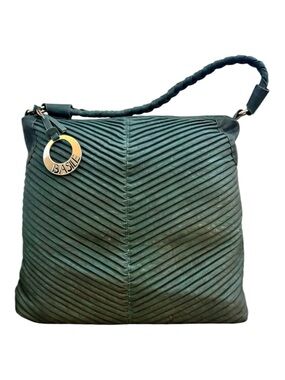 Basile Dark Green Vegan Leather Pleated Hobo Shoulder Bag Purse W/Braided Strap